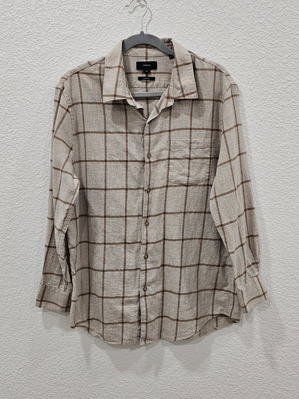 Vince Shirt Mens L/G Large Gray Brown Windowpane Plaid Cotton Classic Fit